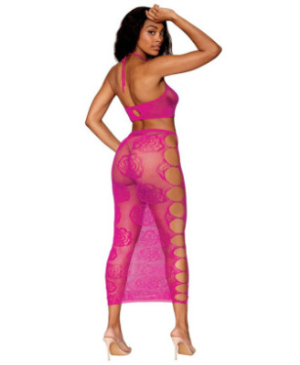 Ensemble Soutien-gorge et jupe longue en filet rose 